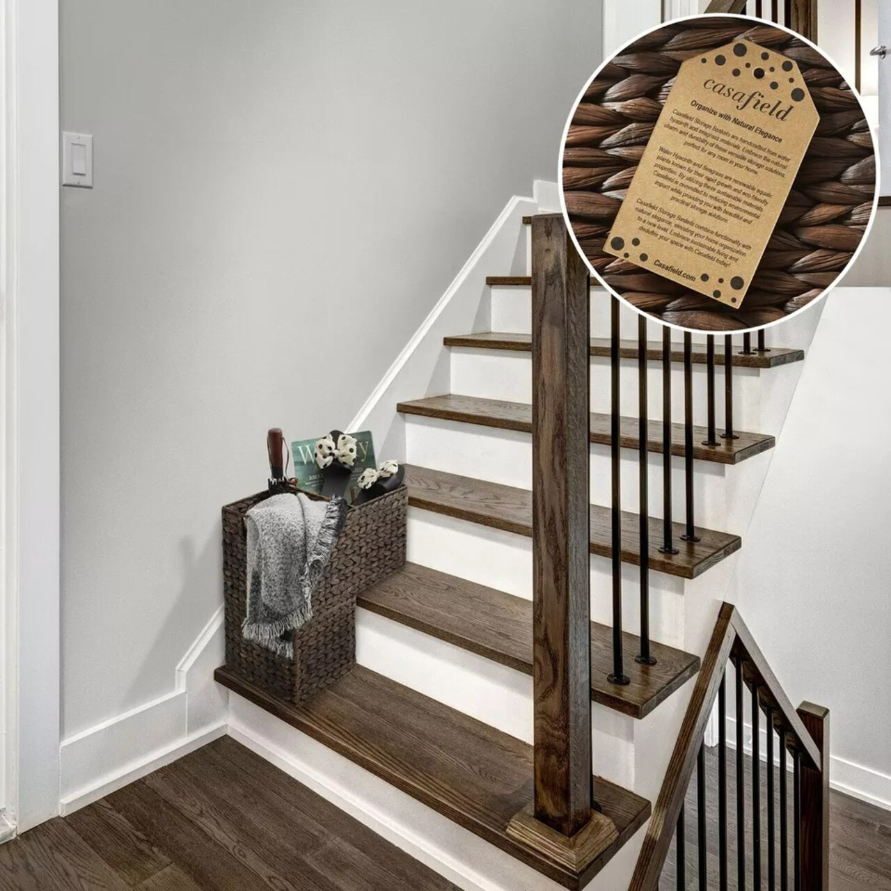 Stair Step Basket w/ Handles, Woven Wicker Hyacinth Staircase Storage Organizer